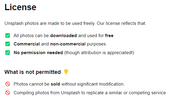 Unsplash license page screenshot; details that the photos can be downloaded and used for free for both commercial and non-commercial purposes, with no permission required (though it is appreciated)