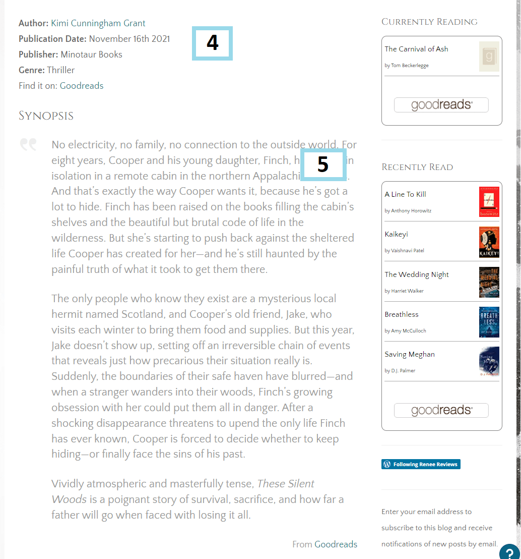 Book review screenshot two, showing high level book information listed like author, publication information, links, as well as the full synopsis
